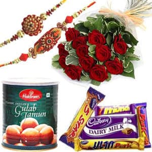 Rakhi with Roses, Gulab Jamun n Chocolates